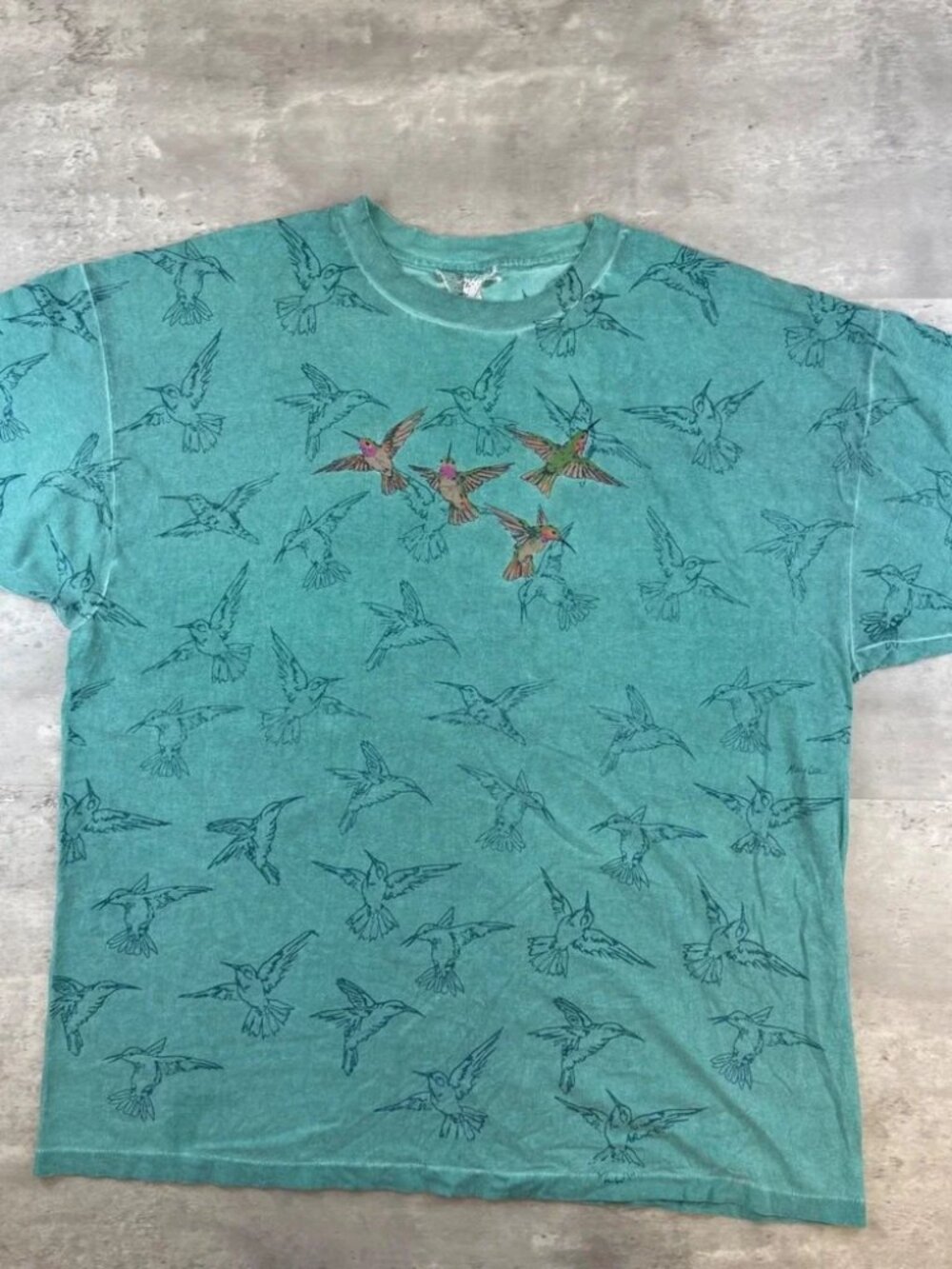 Vintage Cool Clothes Hummingbird All Over Print T-Shirt Teal Green XL 90s Tee